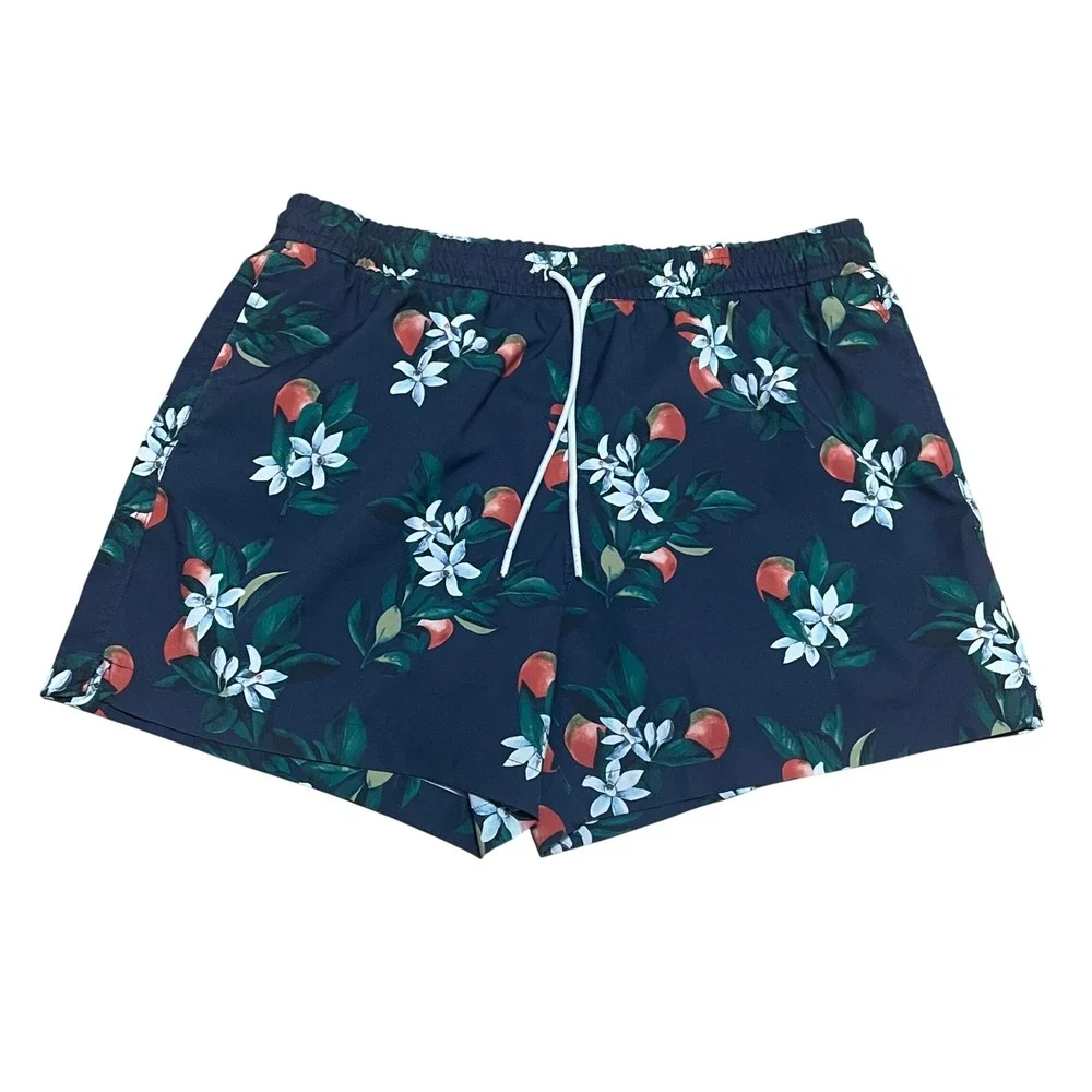 Abercrombie & Fitch Mens L Navy Orange Floral Citrus Swim Trunks Relaxed Stretch